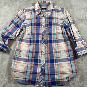 Talbots Madras Plaid Classic Button Down Shirt‎ In Pink Blue Size 4